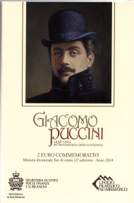 Монета 2 евро в буклете. 2014 год, Сан-Марино. 90 лет со смерти композитора Джакомо Пуччини. Монета 2 евро в буклете. 2014 год, Сан-Марино. 90 лет со смерти композитора Джакомо Пуччини.