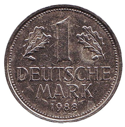Монета 1 марка. 1988 год (J), ФРГ.