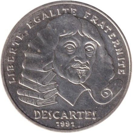 Монета 100 франков. 1991 год, Франция. 395 лет со дня рождения Рене Декарта.