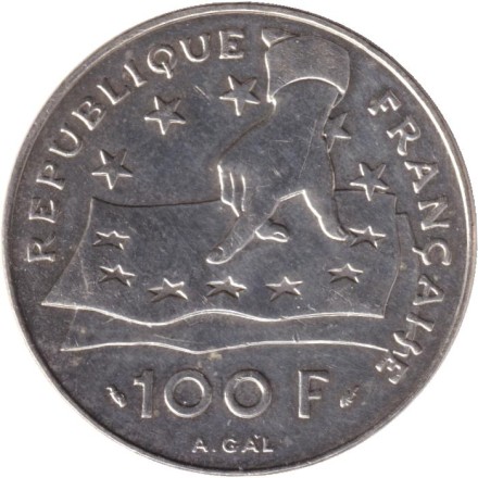 Монета 100 франков. 1991 год, Франция. 395 лет со дня рождения Рене Декарта.