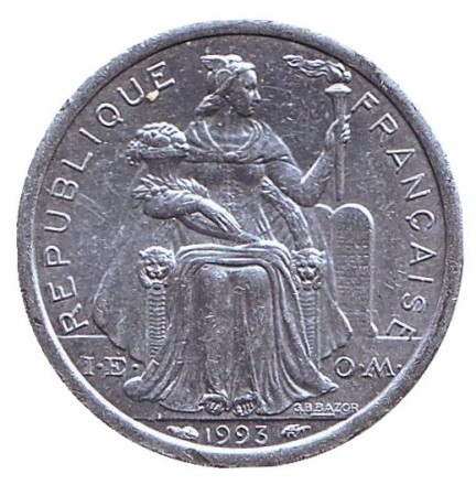 Монета 1 франк. 1993 год, Французская Полинезия. Монета 1 франк. 1993 год, Французская Полинезия.