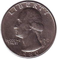 Монета 25 центов. 1980 (D) год, США. Вашингтон. Монета 25 центов. 1980 (D) год, США. Вашингтон.