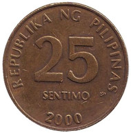 Монета 25 сентимо. 2000 год, Филиппины. Из обращения. Монета 25 сентимо. 2000 год, Филиппины. Из обращения.