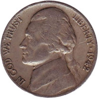 Джефферсон. Монтичелло. Монета 5 центов. 1942 год, США.