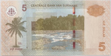 Банкнота 5 долларов. 2020 год, Суринам. Банкнота 5 долларов. 2020 год, Суринам.