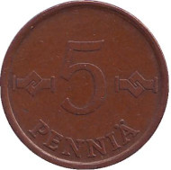 Монета 5 пенни. 1975 год, Финляндия.