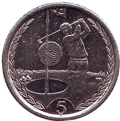 Монета 5 пенсов. 1999 год, Остров Мэн. (Отметка "AA") Гольфист.