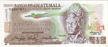 Банкнота 50 сентаво (1/2 кетцаля). 1982 год, Гватемала. Текун Уман. Храм Великого Ягуара.