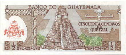 Банкнота 50 сентаво (1/2 кетцаля). 1982 год, Гватемала. Текун Уман. Храм Великого Ягуара.