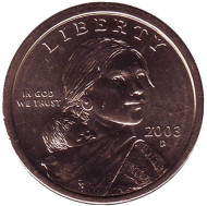 Сакагавея (Парящий орел), серия "Коренные американцы". 1 доллар, 2003 год (D), США. Сакагавея (Парящий орел), серия "Коренные американцы". 1 доллар, 2003 год (D), США.