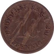 Монета 10 пфеннигов. 1891 год (F), Германская империя. Монета 10 пфеннигов. 1891 год (F), Германская империя.