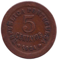 Монета 5 сентаво. 1924 год, Португалия. Монета 5 сентаво. 1924 год, Португалия.