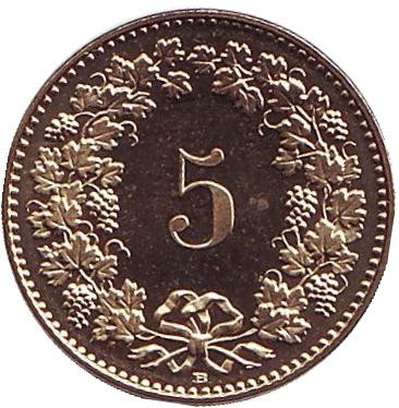 Монета 5 раппенов. 2016 год, Швейцария. UNC.