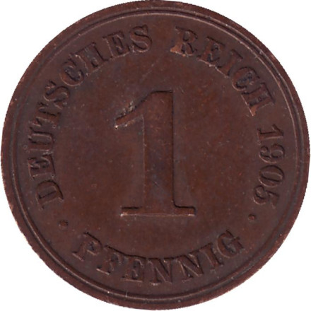 Монета 1 пфенниг. 1905 год (D), Германская империя.