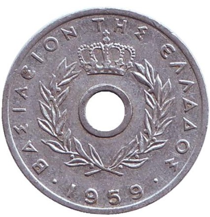 Монета 10 лепт. 1959 год, Греция.