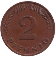Монета 2 пфеннига. 1964 год (D), ФРГ. Дубовые листья. Монета 2 пфеннига. 1964 год (D), ФРГ. Дубовые листья.
