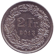 Монета 2 франка. 2013 год, Швейцария. Гельвеция. Монета 2 франка. 2013 год, Швейцария. Гельвеция.