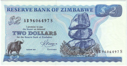 Банкнота 2 доллара. 1983 год, Зимбабве.