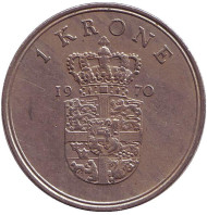 Монета 1 крона. 1970 год, Дания. Монета 1 крона. 1970 год, Дания.