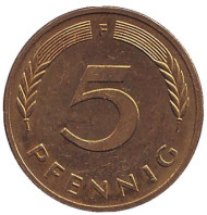 Монета 5 пфеннигов. 1981 год (F), ФРГ. Дубовые листья. Монета 5 пфеннигов. 1981 год (F), ФРГ. Дубовые листья.