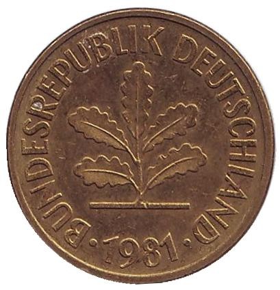 Монета 5 пфеннигов. 1981 год (F), ФРГ. Дубовые листья.