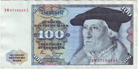 Банкнота 100 марок. 1980 год, ФРГ. Тип 2. Себастиан Мюнстер. Орел.