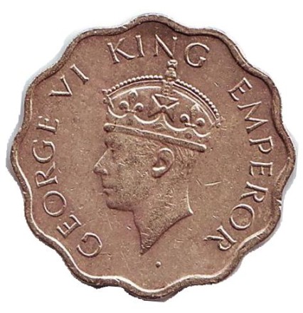 Монета 1 анна. 1944 год, Индия Британская. (Без отметки монетного двора).