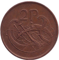 Птица. Ирландская арфа. Монета 2 пенса. 1986 год, Ирландия.