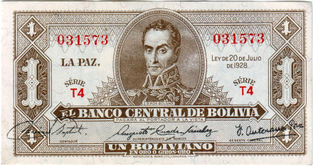 Банкнота 1 боливиано. 1928 год, Боливия. Номер 128а(5). Симон Боливар.