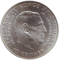 Смерть Фредерика IX и вступление на престол Маргрете II. Монета 10 крон. 1972 год, Дания.