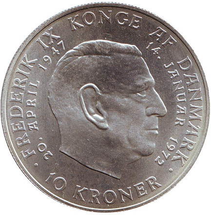 Монета 10 крон. 1972 год, Дания. Смерть Фредерика IX и вступление на престол Маргрете II.