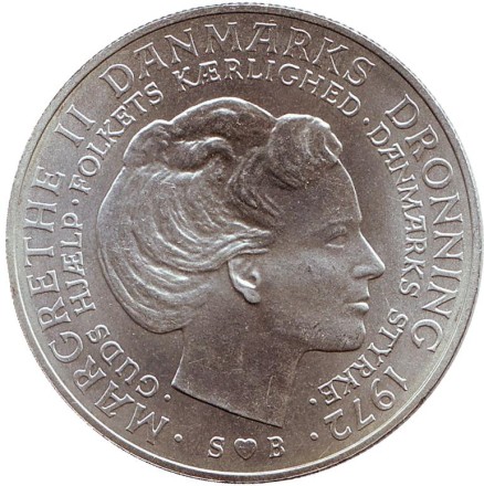 Монета 10 крон. 1972 год, Дания. Смерть Фредерика IX и вступление на престол Маргрете II.