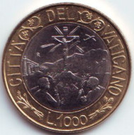 Монета 1000 лир. 1999 год, Ватикан. Монета 1000 лир. 1999 год, Ватикан.