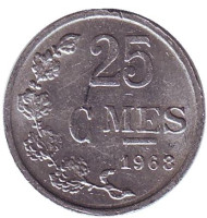Монета 25 сантимов. 1968 год, Люксембург. Монета 25 сантимов. 1968 год, Люксембург.