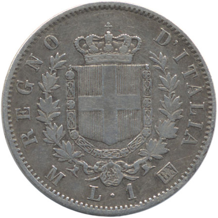 Монета 1 лира. 1867 год, Италия. (M).