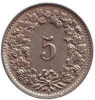 Монета 5 раппенов. 1929 год, Швейцария. Монета 5 раппенов. 1929 год, Швейцария.