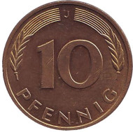 Монета 10 пфеннигов. 1993 год (J), ФРГ. Дубовые листья. Монета 10 пфеннигов. 1993 год (J), ФРГ. Дубовые листья.