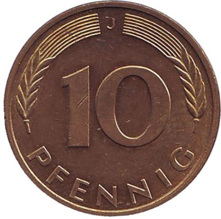 Монета 10 пфеннигов. 1993 год (J), ФРГ. Дубовые листья.
