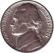 Монета 5 центов. 1961 год, США. Джефферсон. Монтичелло. Монета 5 центов. 1961 год, США. Джефферсон. Монтичелло.