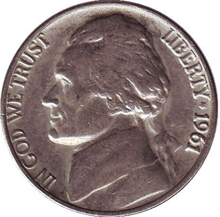 Монета 5 центов. 1961 год, США. Джефферсон. Монтичелло.