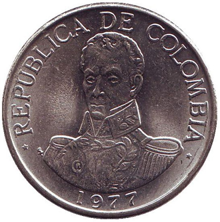 Монета 1 песо. 1977 год, Колумбия. UNC. Симон Боливар.
