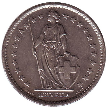 Монета 2 франка. 1981 год, Швейцария. Гельвеция. Монета 2 франка. 1981 год, Швейцария. Гельвеция.