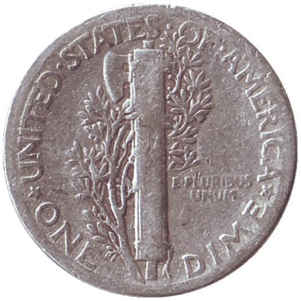 Монета 10 центов. 1945 год, США. Без обозначения монетного двора. Меркурий. Монета 10 центов. 1945 год, США. Без обозначения монетного двора. Меркурий.