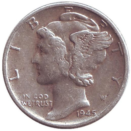 Монета 10 центов. 1945 год, США. Без обозначения монетного двора. Меркурий.