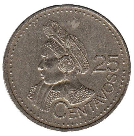 Монета 25 сентаво. 2000 год, Гватемала. Из обращения. Индианка.