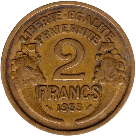 Монета 2 франка. 1933 год, Франция. Тип 1.