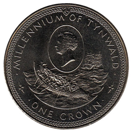 Монета 1 крона. 1979 год, Остров Мэн. 1000 лет Тинвальду. Шлюпка.