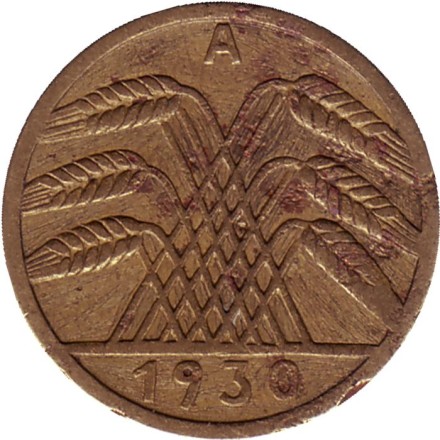 Монета 5 рейхспфеннигов. 1930 год (А), Веймарская республика. Монета 5 рейхспфеннигов. 1930 год (А), Веймарская республика.