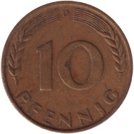 Монета 10 пфеннигов. 1967 год (D), ФРГ. Дубовые листья. Монета 10 пфеннигов. 1967 год (D), ФРГ. Дубовые листья.