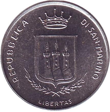 Монета 5 лир. 1983 год, Сан-Марино. Угроза ядерной войны. Монета 5 лир. 1983 год, Сан-Марино. Угроза ядерной войны.